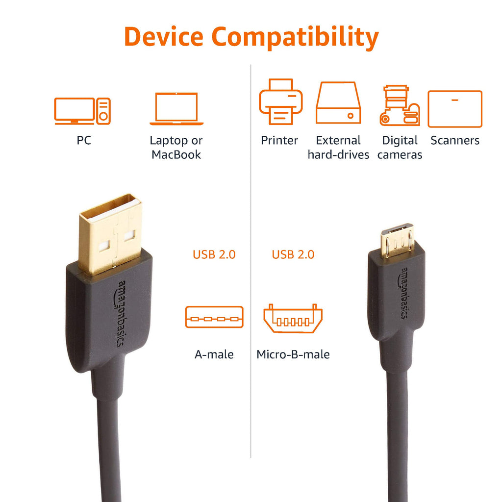 Amazon Basics 5-Pack Micro USB Cable, USB 2.0, 3 m, Black