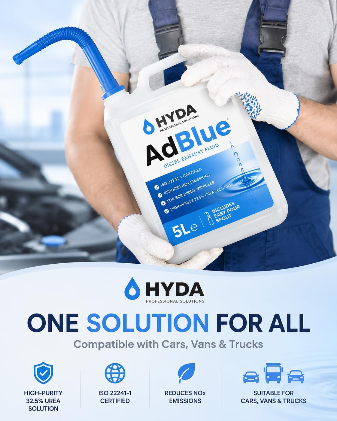 HYDA AdBlue 10 Litres Ad Blue Diesel Exhaust Fluid DEF ISO 22241 for Diesel Cars Vans Trucks Commercial Vehicles High Purity Urea Solution Easy Pour Spout Included