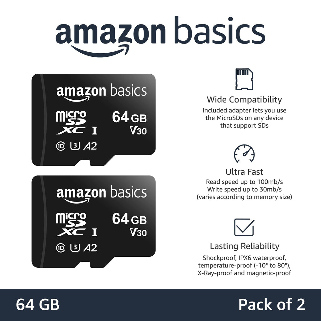 Amazon Basics microSDXC Memory Card, 64GB, A2, U3, 100MB/s Read Speed, Black, 2-Pack