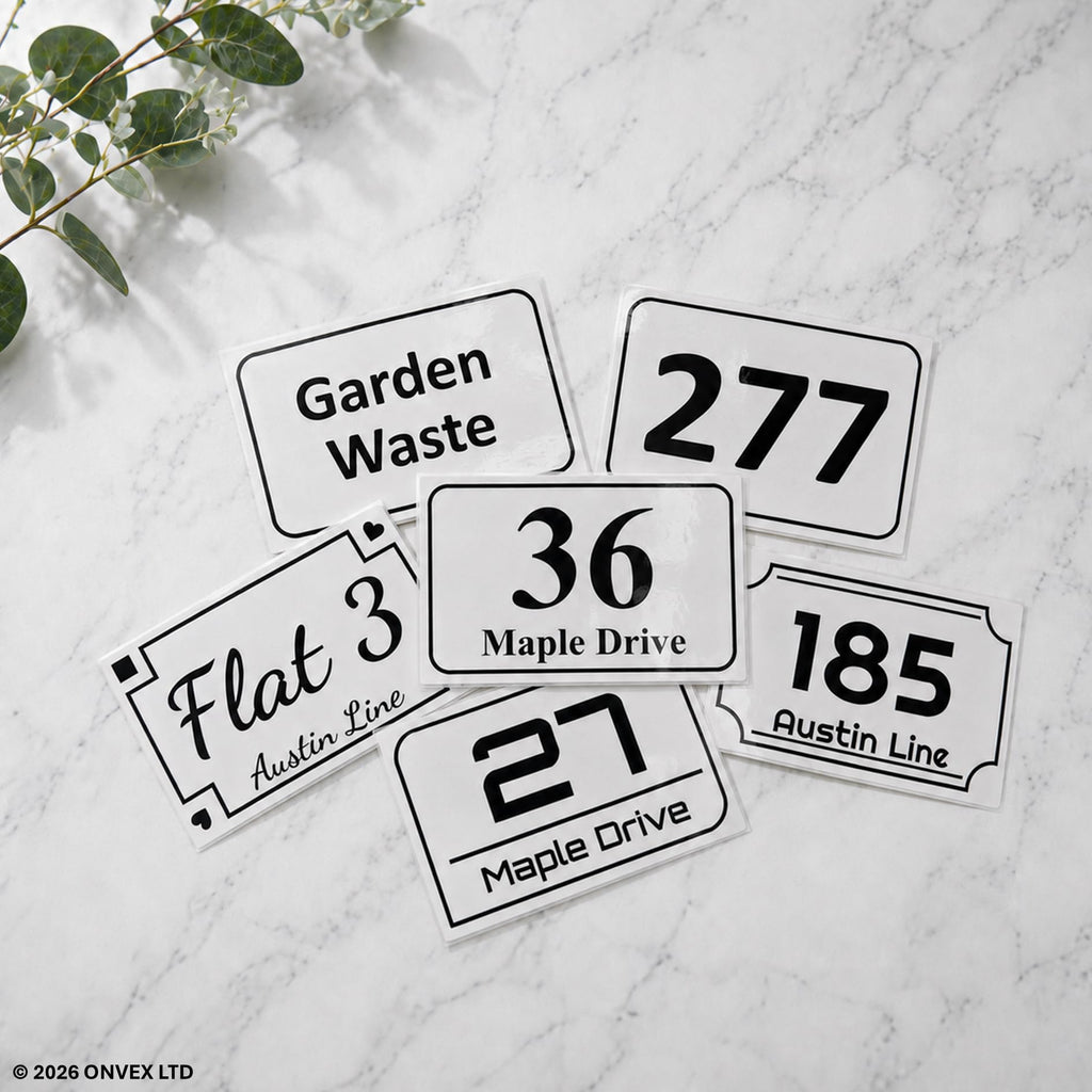 Set of 4 Personalised Wheelie Bin Stickers, Custom Bin Number Stickers with House Number and Street Name, Waterproof Labels for Rubbish and Recycling Bins, Easy Apply, 100 x 150mm (Style - Classic)