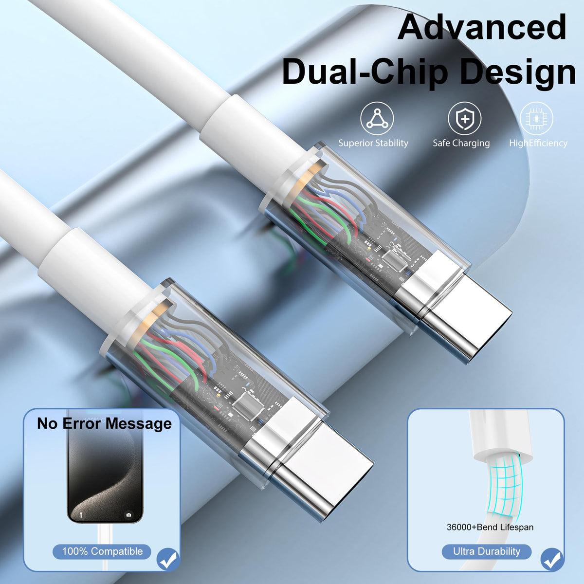 USB C to USB C Charger Cable for iPhone 15/16/17 Fast Charging, 60W Type C Charging Fast Charging Cable for iPhone17/16/15 Pro Max, iPad Pro/Air/Mini, Samsung, Pixel (White, 1M, 2PCS)