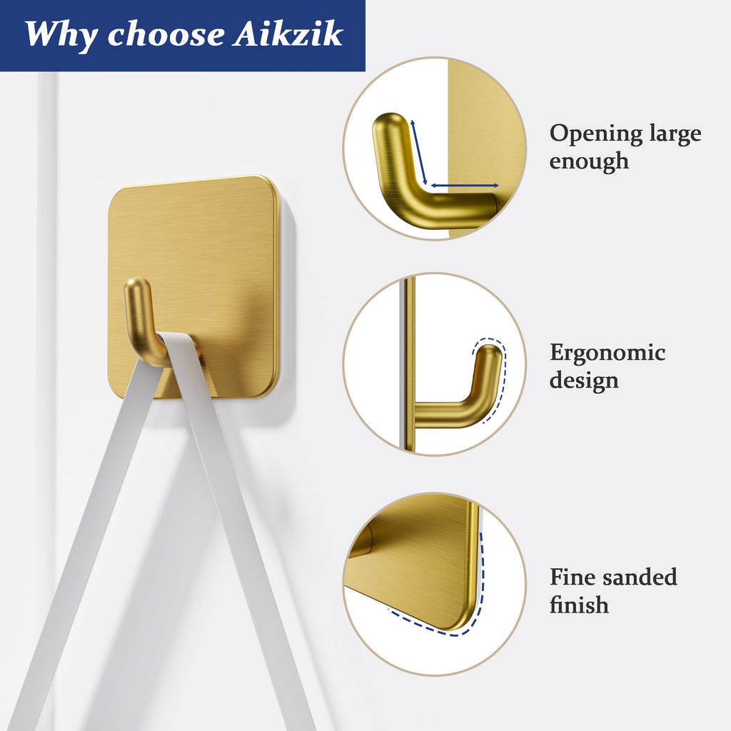 Aikzik 6 Pack Self Adhesive Hooks, Stainless Steel Sticky Hook Heavy Duty, Over 8kg Load - Hooks for Hanging for Towel, Coat, Key, Stick on Bathroom, Kitchen, Door and Wall