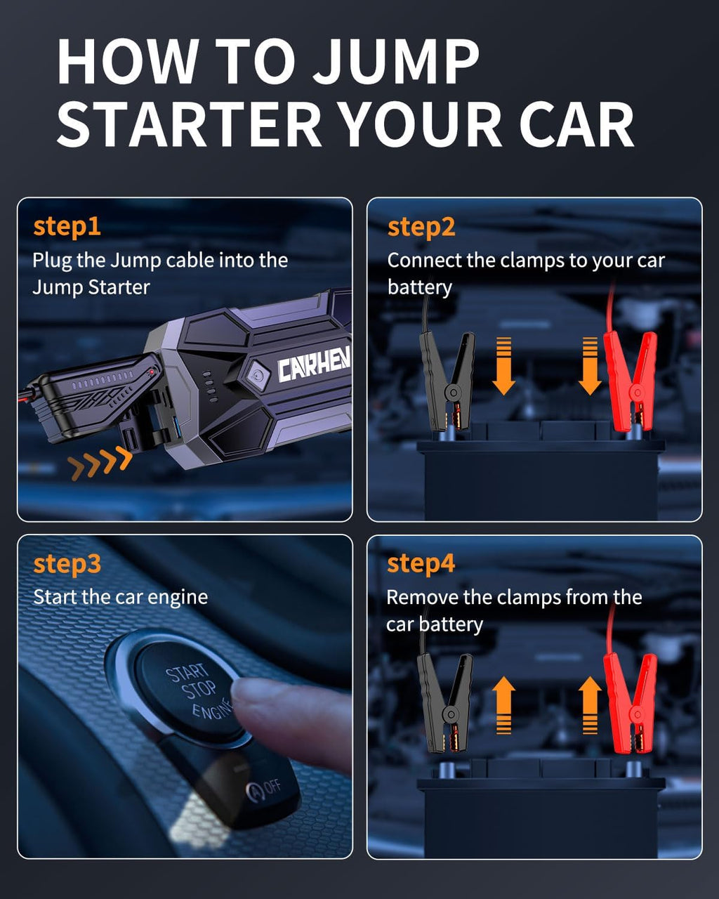 4500A Jump Starter Power Pack, Car Battery Booster Jump Starter Power Bank (up to 8.0L Gas or 8.0L Diesel Engine), Portable Car Starter with LED Flashlight, Jump Pack with Jump Leads
