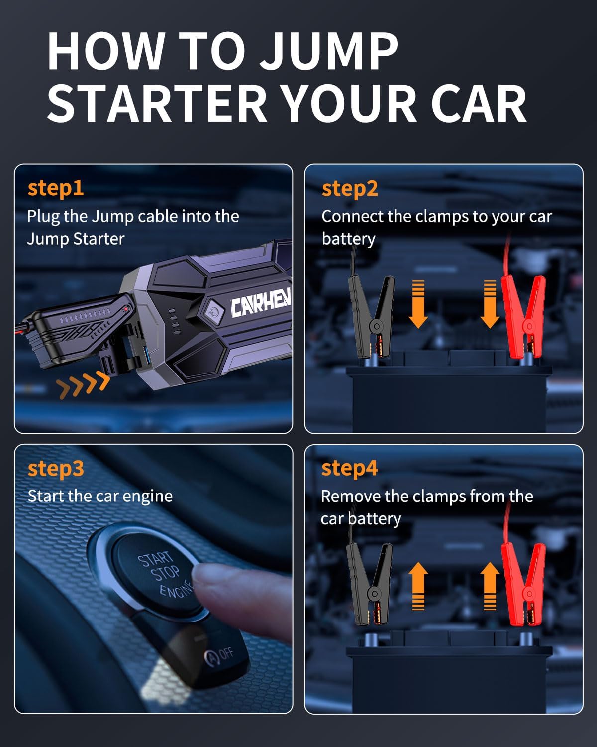 4500A Jump Starter Power Pack, Car Battery Booster Jump Starter Power Bank (up to 8.0L Gas or 8.0L Diesel Engine), Portable Car Starter with LED Flashlight, Jump Pack with Jump Leads