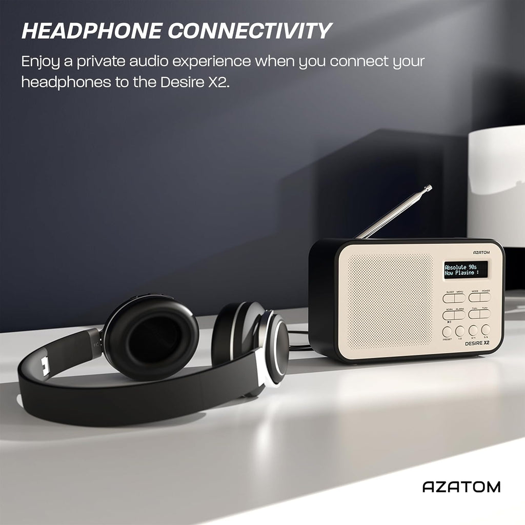 DAB/DAB+ & FM Portable Digital Radio | Simple Controls | Dual Alarms & Sleep Timer | Battery & Mains Powered (4x”AA”) | Bluetooth | Perfect for Home, Office or Outdoors | AZATOM Desire X2 (Black)