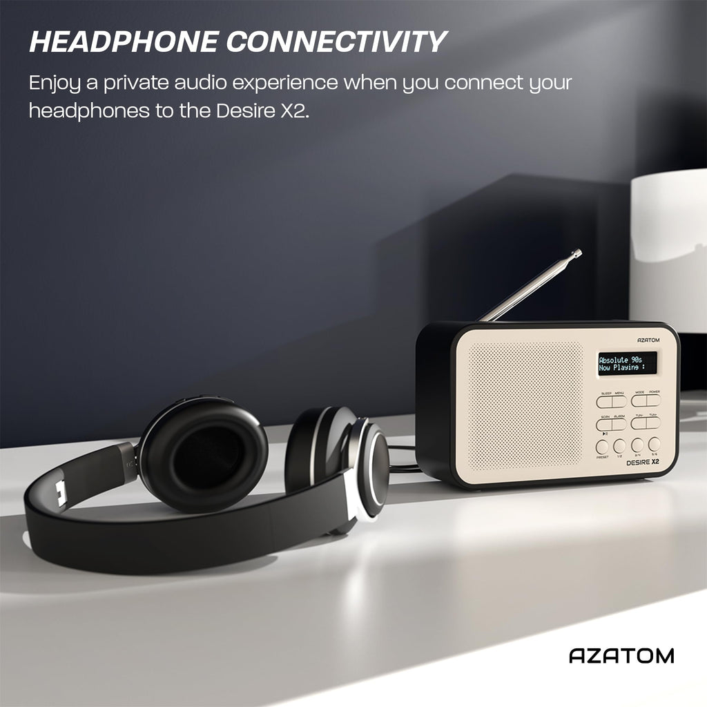 DAB/DAB+ & FM Portable Digital Radio | Simple Controls | Dual Alarms & Sleep Timer | Battery & Mains Powered (4x”AA”) | Bluetooth | Perfect for Home, Office or Outdoors | AZATOM Desire X2 (Black)