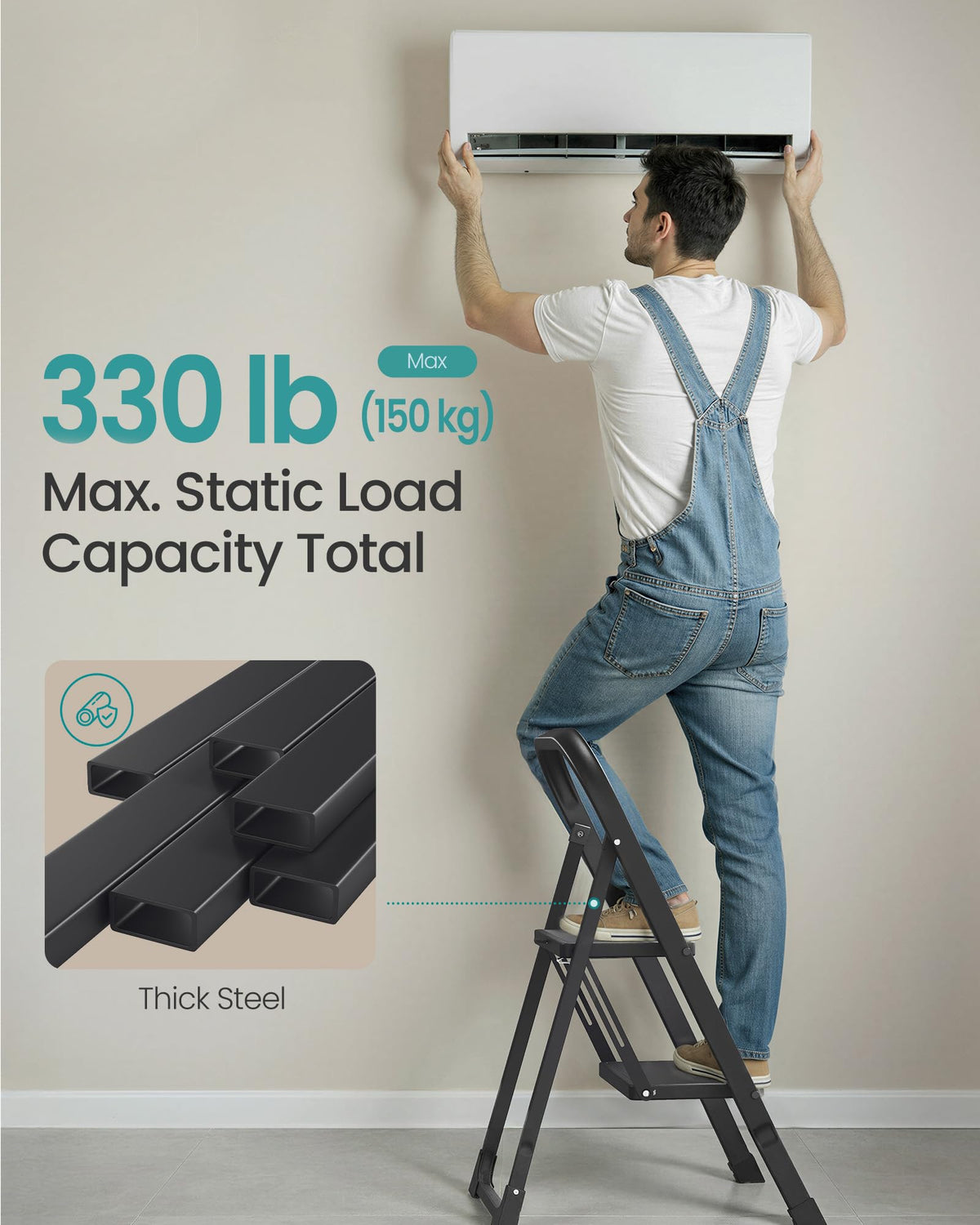 SONGMICS 3-Step Ladder, Folding Step Ladder, Safety, Holds up to 150KG
