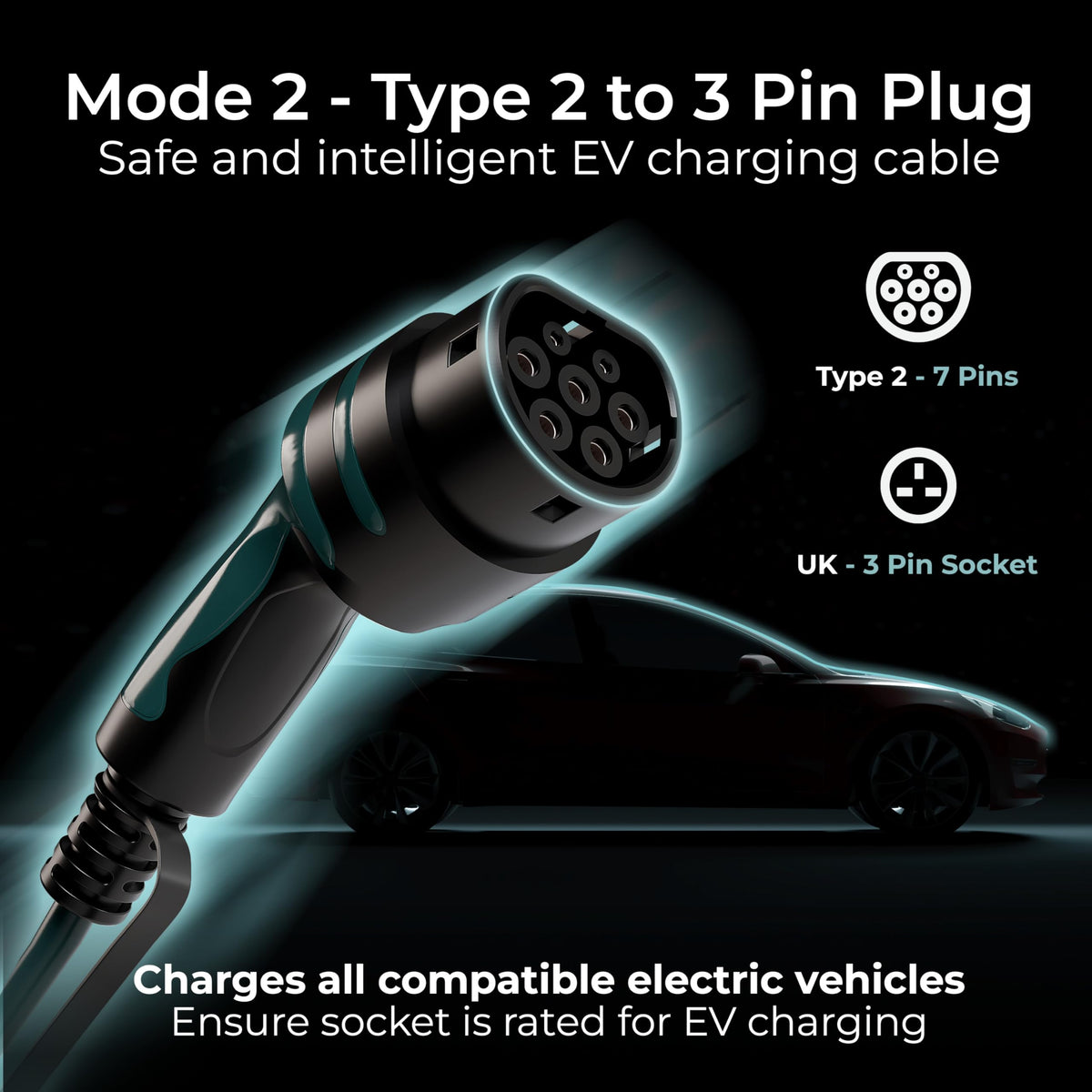 Masterplug EV Charging Cable for Electric and Hybrid Vehicles, 10 Metres, Mode 2, Delay Charging Function, 3 Pin UK Plug to Type 2 Car Charger, Language Options, 2.4kW, EVCM221010-MP2