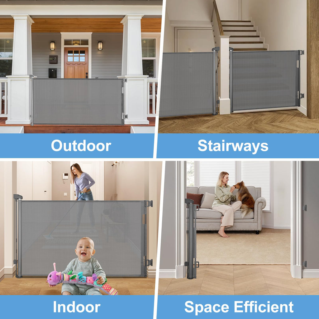 Retractable Mesh Baby & Dog Gate for Stairs, 86cm Tall x 140cm Wide, Black