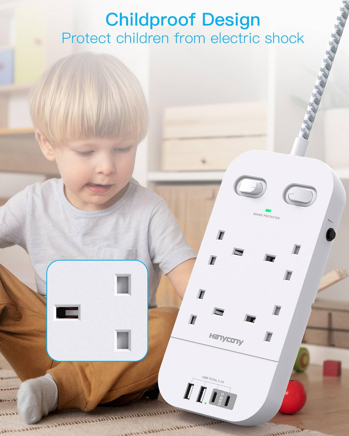 Extension Lead 5M, 4 Way Surge Protected Power Strip with USB C Slots