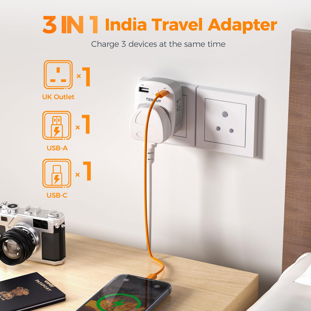TESSAN UK to South Africa Plug Adapter, Type M Travel Adapter with USB C