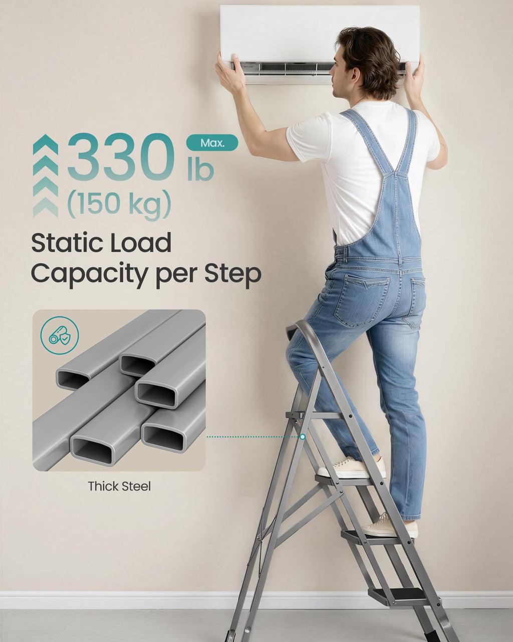SONGMICS 3-Step Ladder, Folding Step Ladder, Safety, Holds up to 150KG