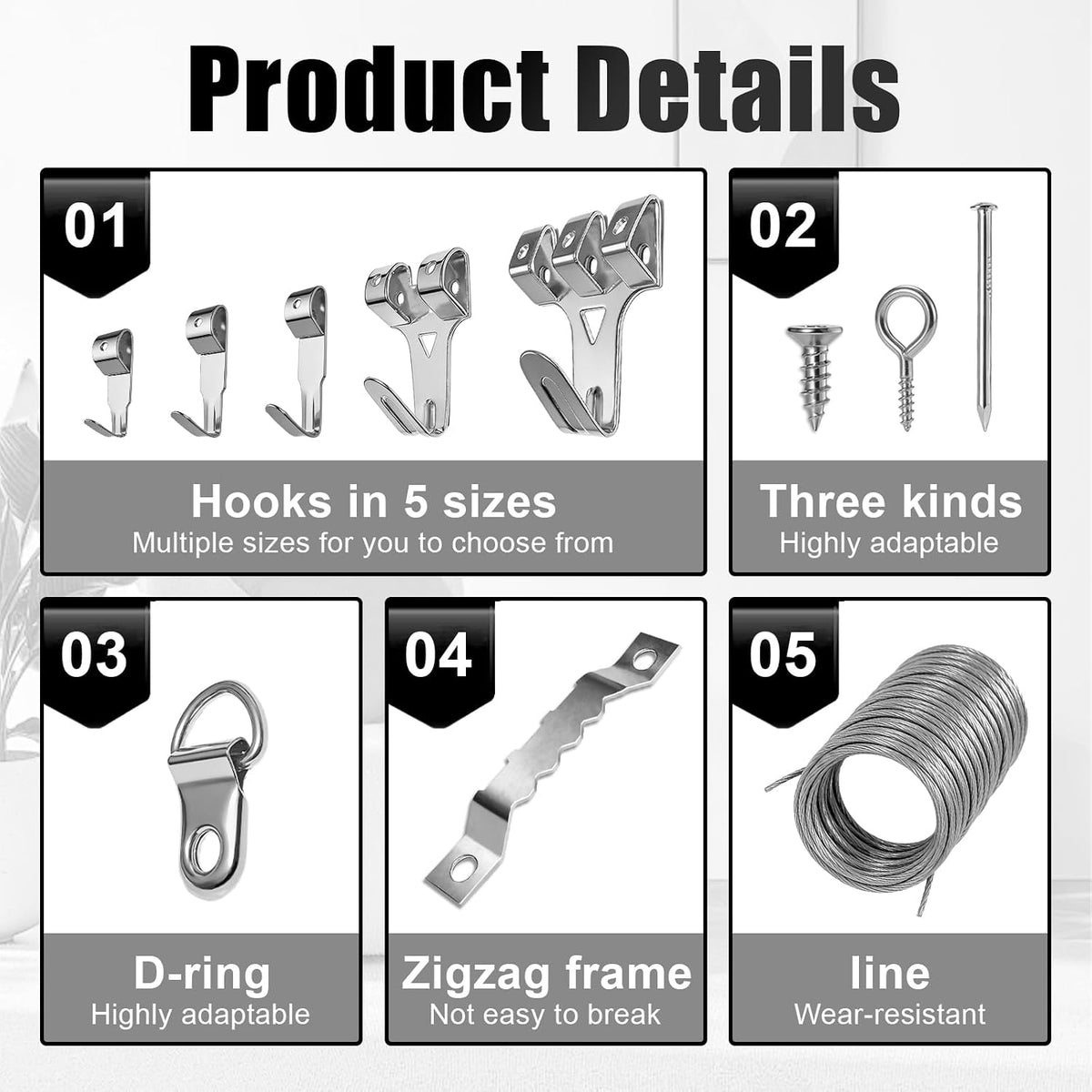 300pcs Picture Hooks Picture Hanging Kit for Picture Frame Fixing Hard Walls Photo Hooks Assorted Picture Hanger Set with Saw Tooth, D-Ring, Nails, Wire,Screws
