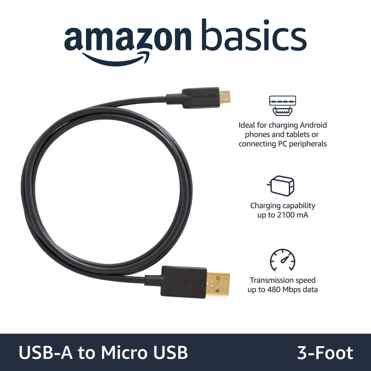 Amazon Basics 5-Pack Micro USB Cable, USB 2.0, 3 m, Black