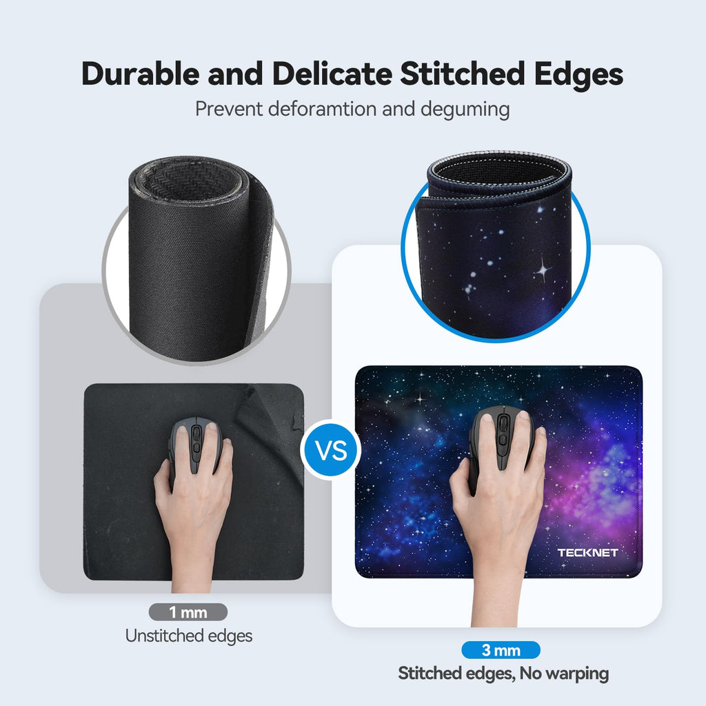 TECKNET Mouse Mat, 2 Packs with Stitched Edges, 270x210x3mm Mousepad