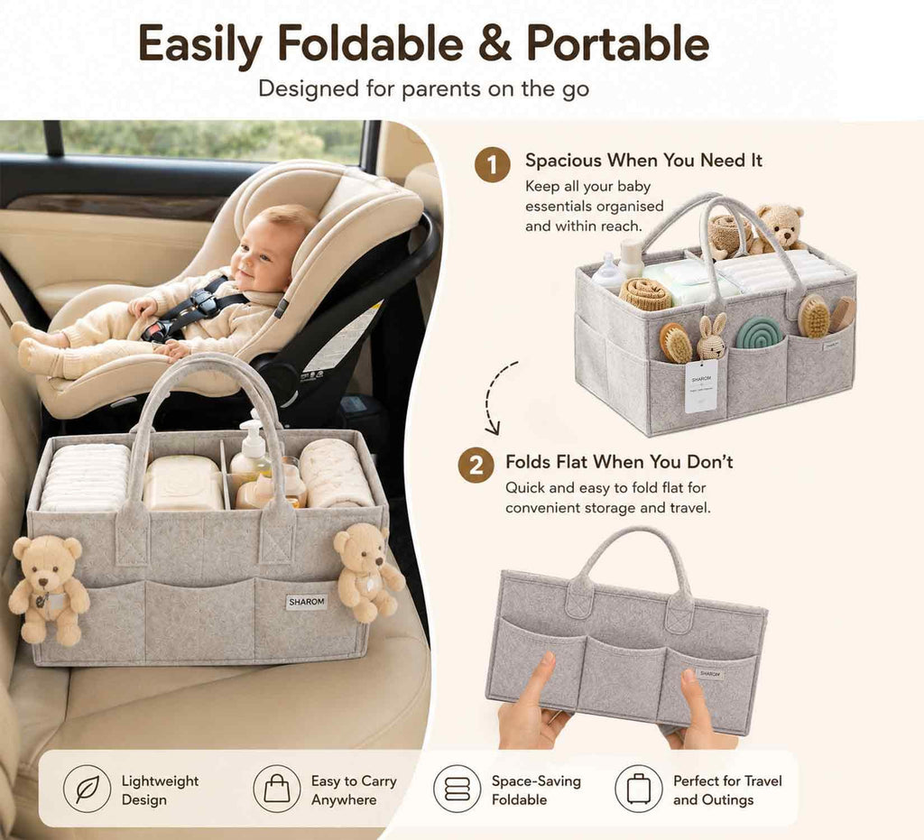 Essential Baby Caddy for Newborns. Spacious, Sturdy & Portable Diaper and Nappy Caddy for Newborn Essentials, Nursery Storage Basket & Organiser for Baby Shower Gifts & Registry Must-Haves Grey