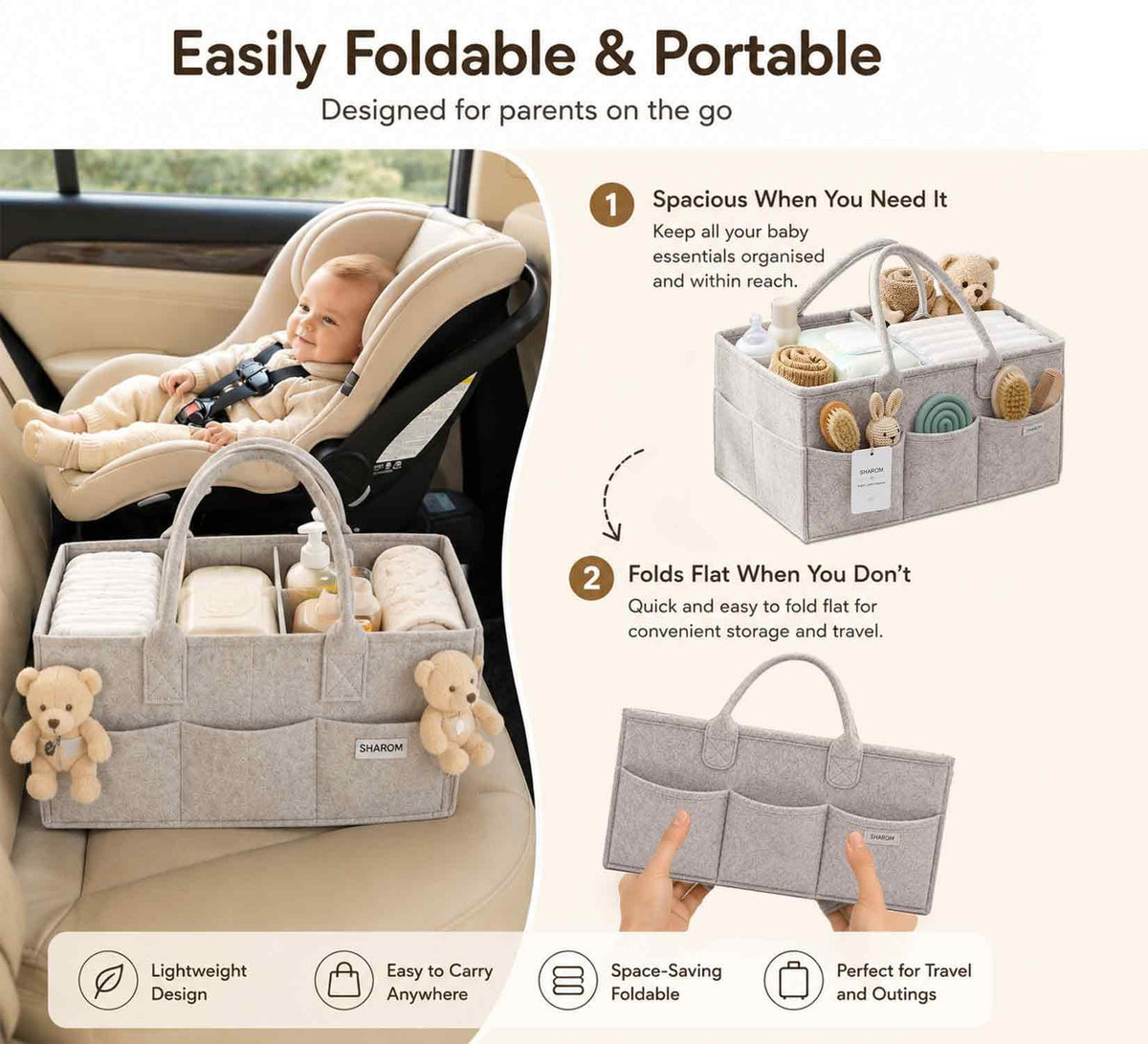 Essential Baby Caddy for Newborns. Spacious, Sturdy & Portable Diaper and Nappy Caddy for Newborn Essentials, Nursery Storage Basket & Organiser for Baby Shower Gifts & Registry Must-Haves Grey