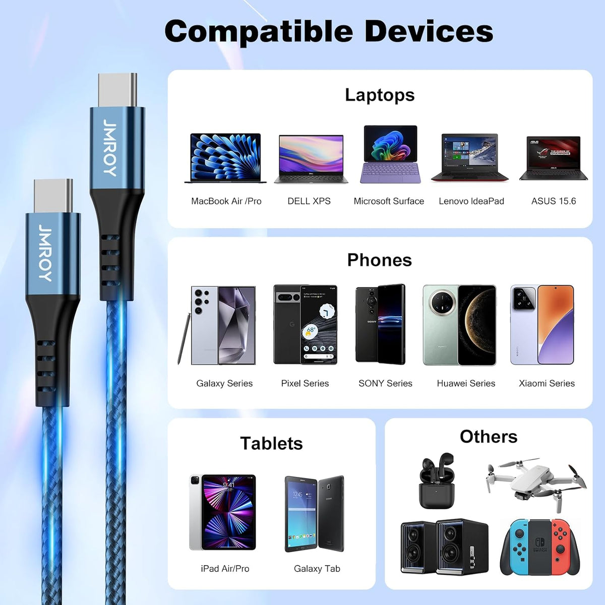 USB C to USB C Charger Cable 2M 3Pack, 60W Fast Charger Cable 2 Metre, Nylon Braided C to C Charging Cord Compatible with iPhone 18 17 16 Pro Max, Samsung Galaxy S26 S25, MacBook Air