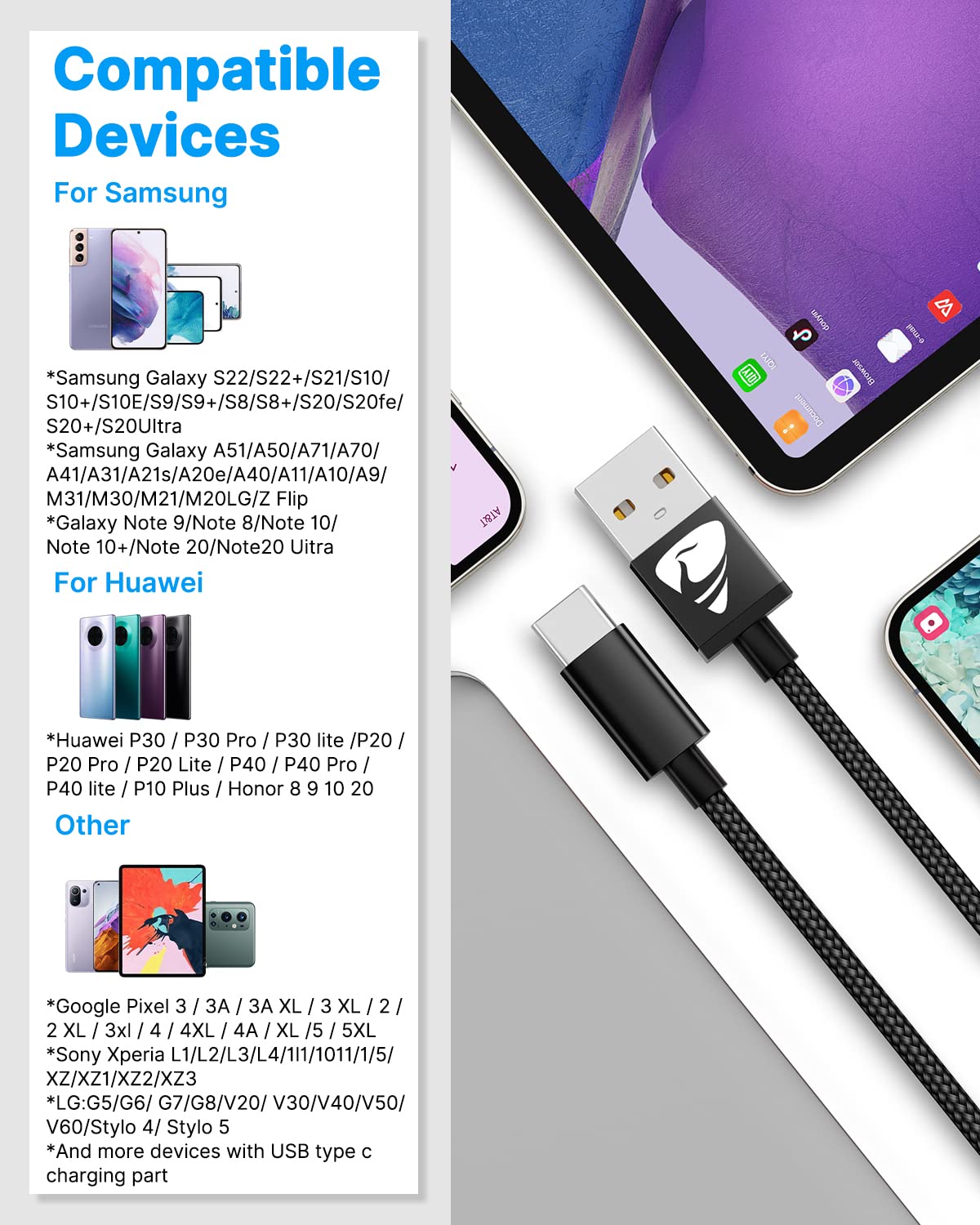 USB C Charger Cable 3M 2Pack Type C Charger Fast Charging 3A Lead Braided for Samsung Galaxy S23 S22 S21 S20 S10 S9 S8 A12 A13 A20e A21s A53 A70,Google Pixel 7 6,Huawei P30 P40,Sony Xperia,Switch,PS5