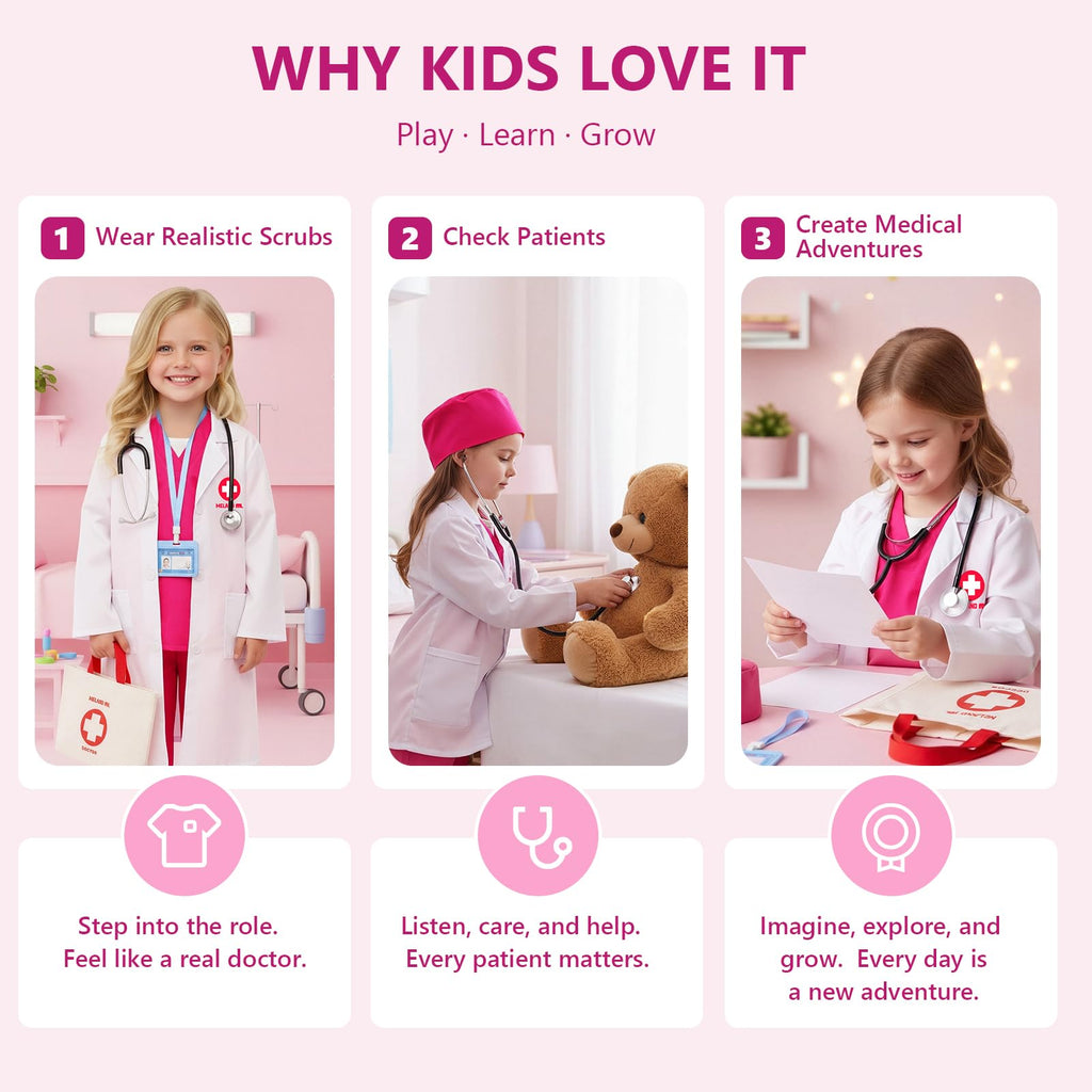 Meland Doctor Costume for Kids 3-10, Pretend Play Career Dress Up with Bag