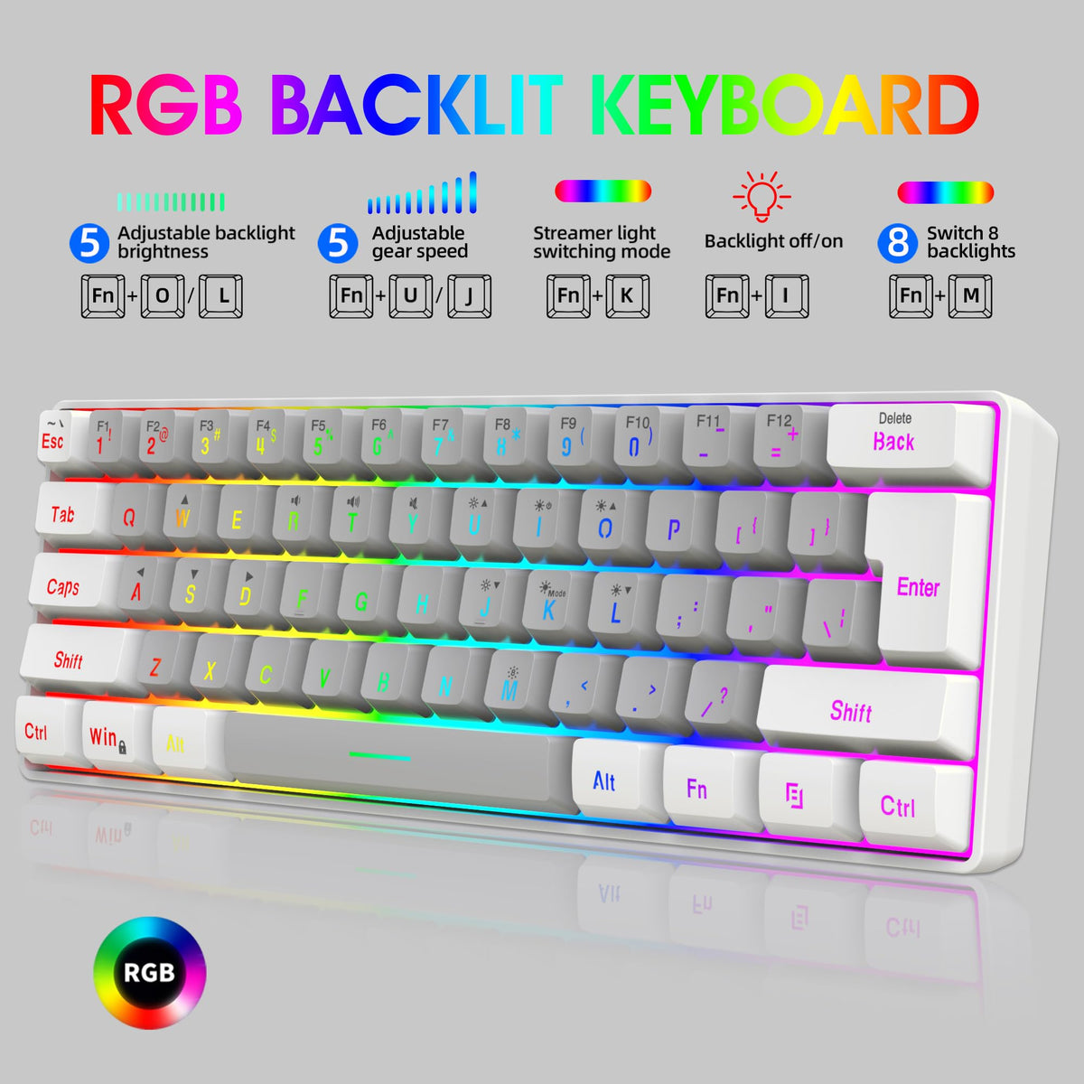 Snpurdiri 2.4G 60% Wireless Gaming Keyboard and Mouse Combo (White-Grey)