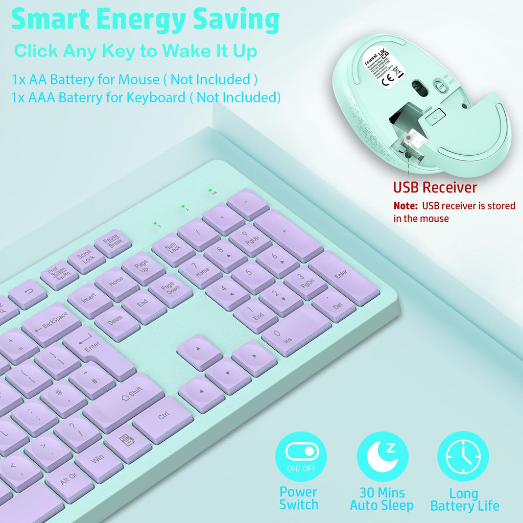 LeadsaiL Wireless Keyboard and Mouse Set, 2.4GHz USB Computer Keyboards and Mouse Combo, Ergonomic Design with 12 Multimedia Shortcuts for HP/Lenovo Laptop and Mac-Pink