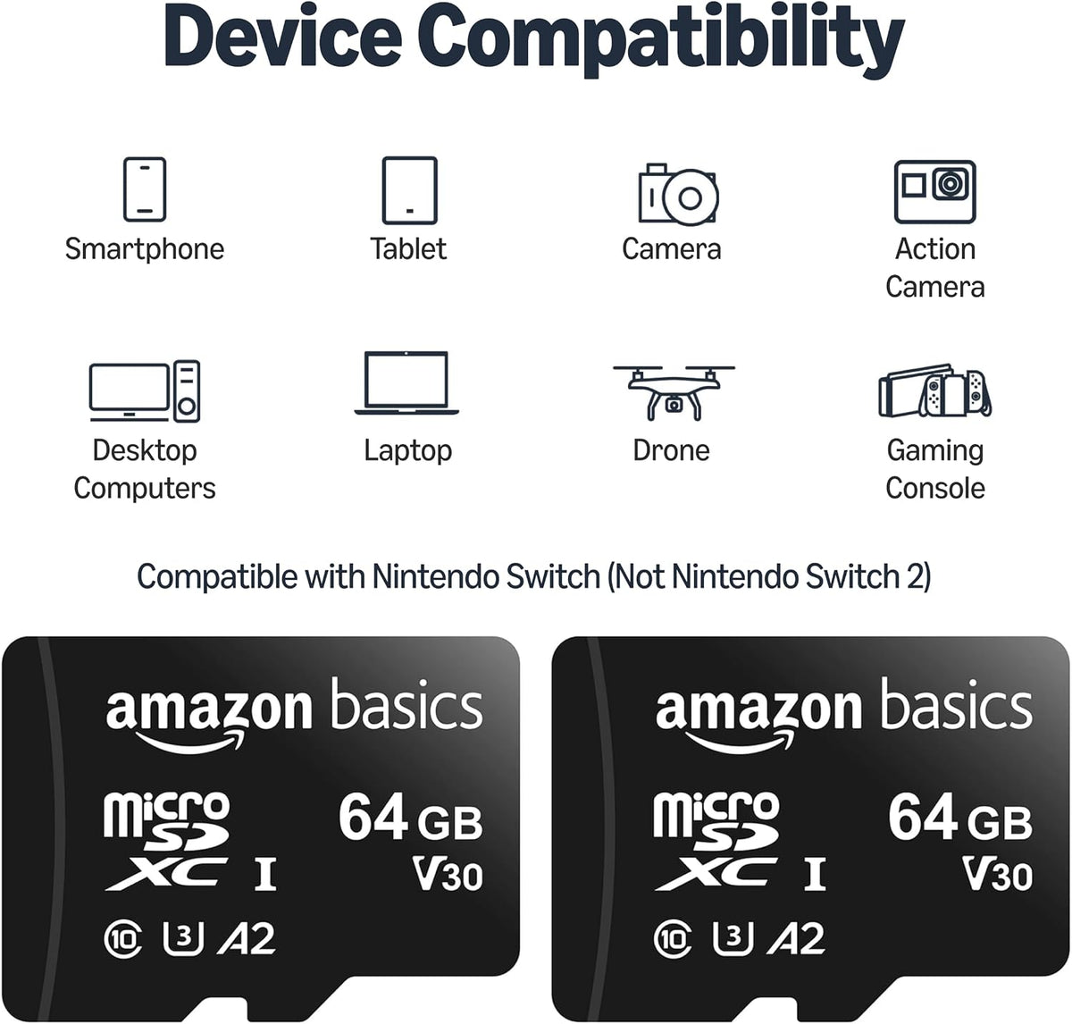Amazon Basics microSDXC Memory Card, 64GB, A2, U3, 100MB/s Read Speed, Black, 2-Pack
