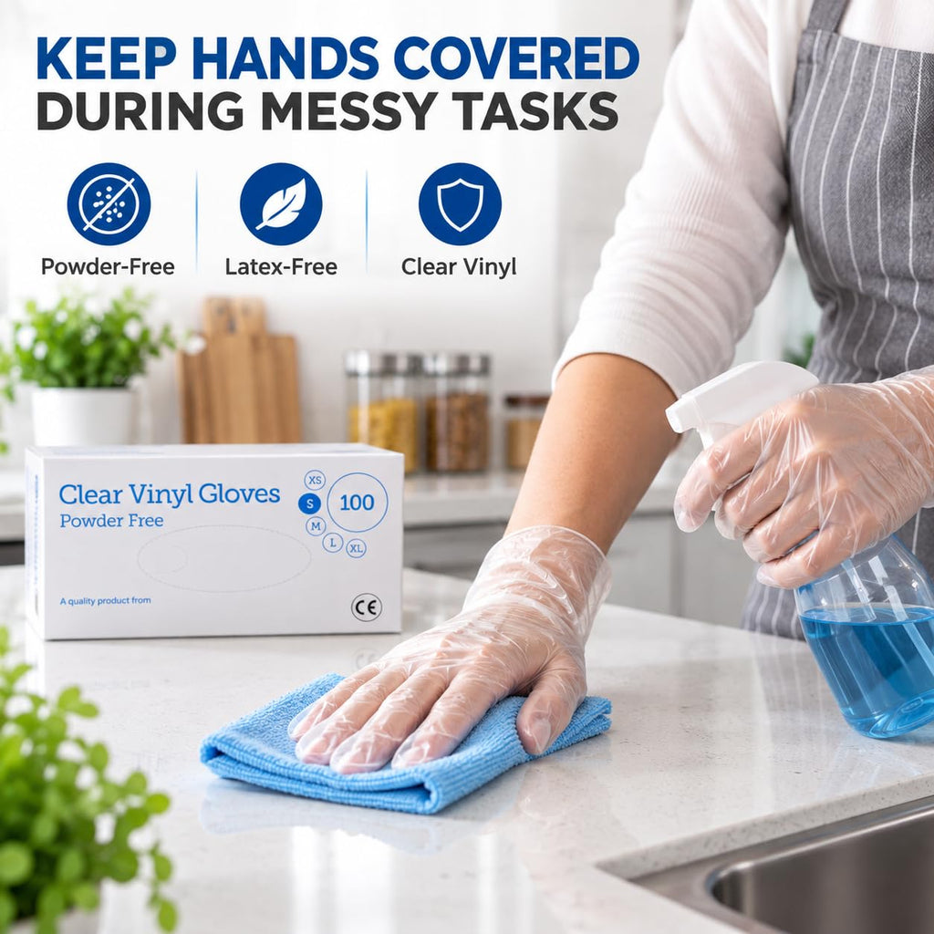 1ABOVE 100 Clear Vinyl Disposable Gloves Small, Powder-Free Latex-Free Ambidextrous Gloves for Food Handling Except Fatty Foods, Cleaning, Hairdressing, Beauty & Everyday Tasks