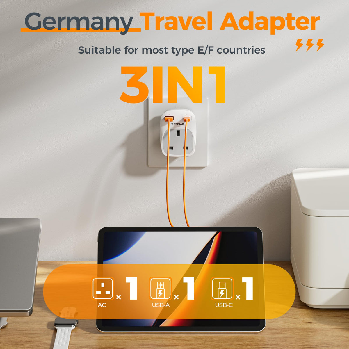 TESSAN UK to South Africa Plug Adapter, Type M Travel Adapter with USB C