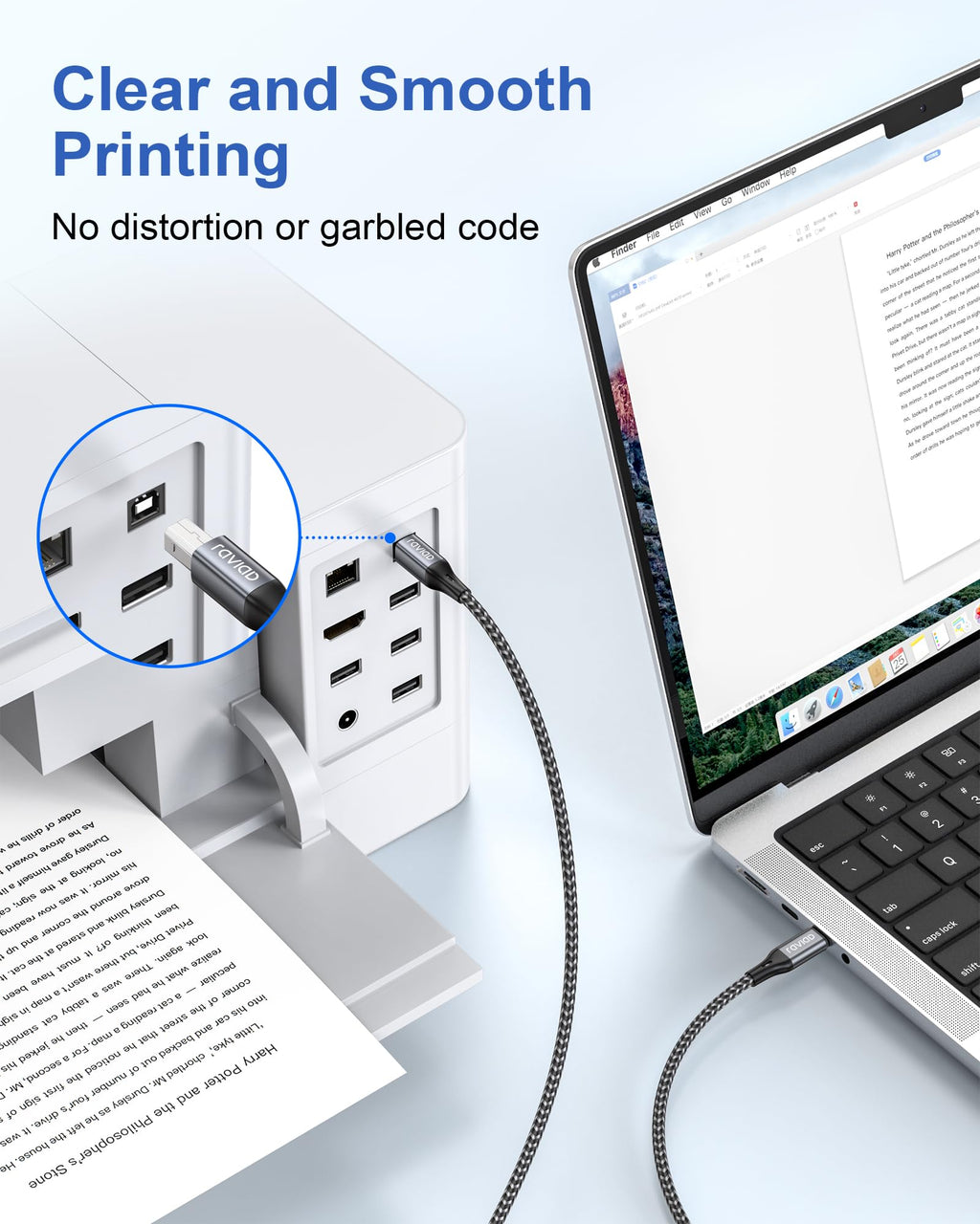 RAVIAD USB Printer Cable 2M, USB 2.0 Type A Male to B Male Nylon Braided