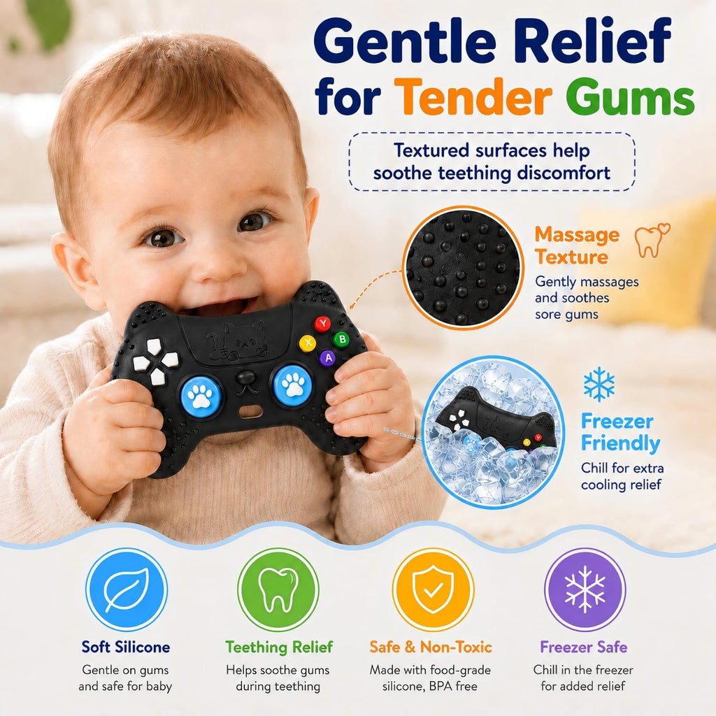 Teething Relief Teethers Toys for Babies 3-6 12 Months Gifts, Silicone Remote Control Baby Teether Bath Toys for 3 6 9 Months Newborn Infant Boy Girl Autism, Food Grade Silicone Sensory Toys, Black
