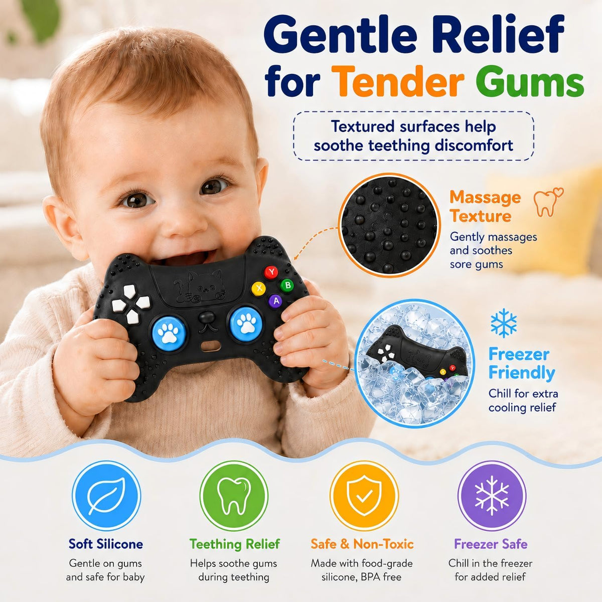 Teething Relief Teethers Toys for Babies 3-6 12 Months Gifts, Silicone Remote Control Baby Teether Bath Toys for 3 6 9 Months Newborn Infant Boy Girl Autism, Food Grade Silicone Sensory Toys, Black