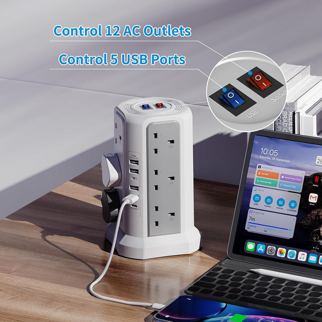 HAFINO Tower Extension Lead with USB Slots, PD18W USB C Fast Charger, 1.8M