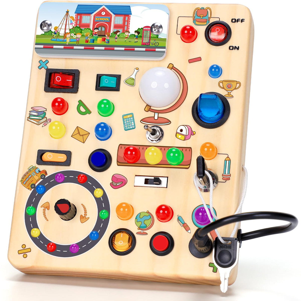 Busy Board with LED Light Switches, Montessori Toys for 1 2 3 Years Old, Toddlers Wooden Toy Sensory Activity Board, Travel Toys for 1+ Year Old Boy & Girl Birthday Gift
