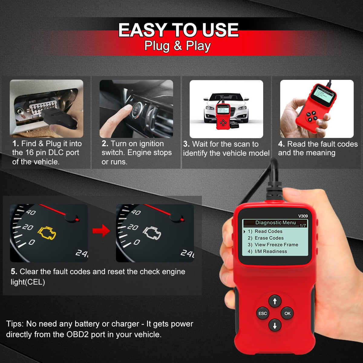 OBD2 Scanner Car Engine Fault Code Reader Wired, V302 OBDII Scan Tool