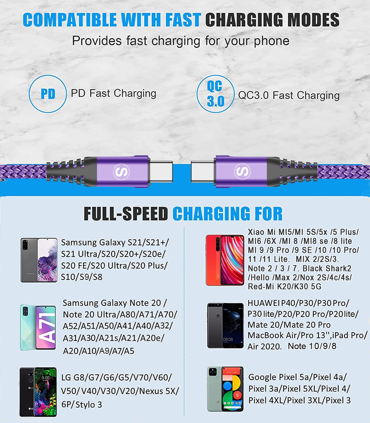2-Pack 3m 60W USB C to USB C Charger Cable, PD Type C Super Fast Charging for iPhone 16 15 MacBook iPad Pro, Samsung Flip Fold 7 6 5 S25 S24 S23 Ultra, Steam Deck, Nintendo Switch etc