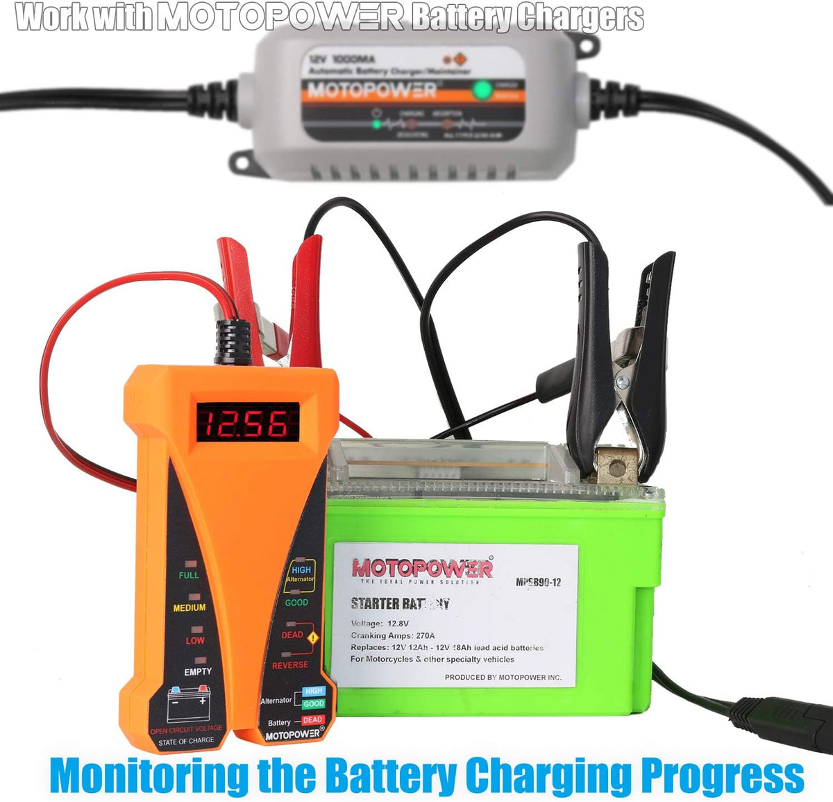 MOTOPOWER MP0514D 12V Digital Battery Tester Voltmeter and Alternator Charging System Analyzer with LCD Display and LED Indication, Orange Rubber Paint