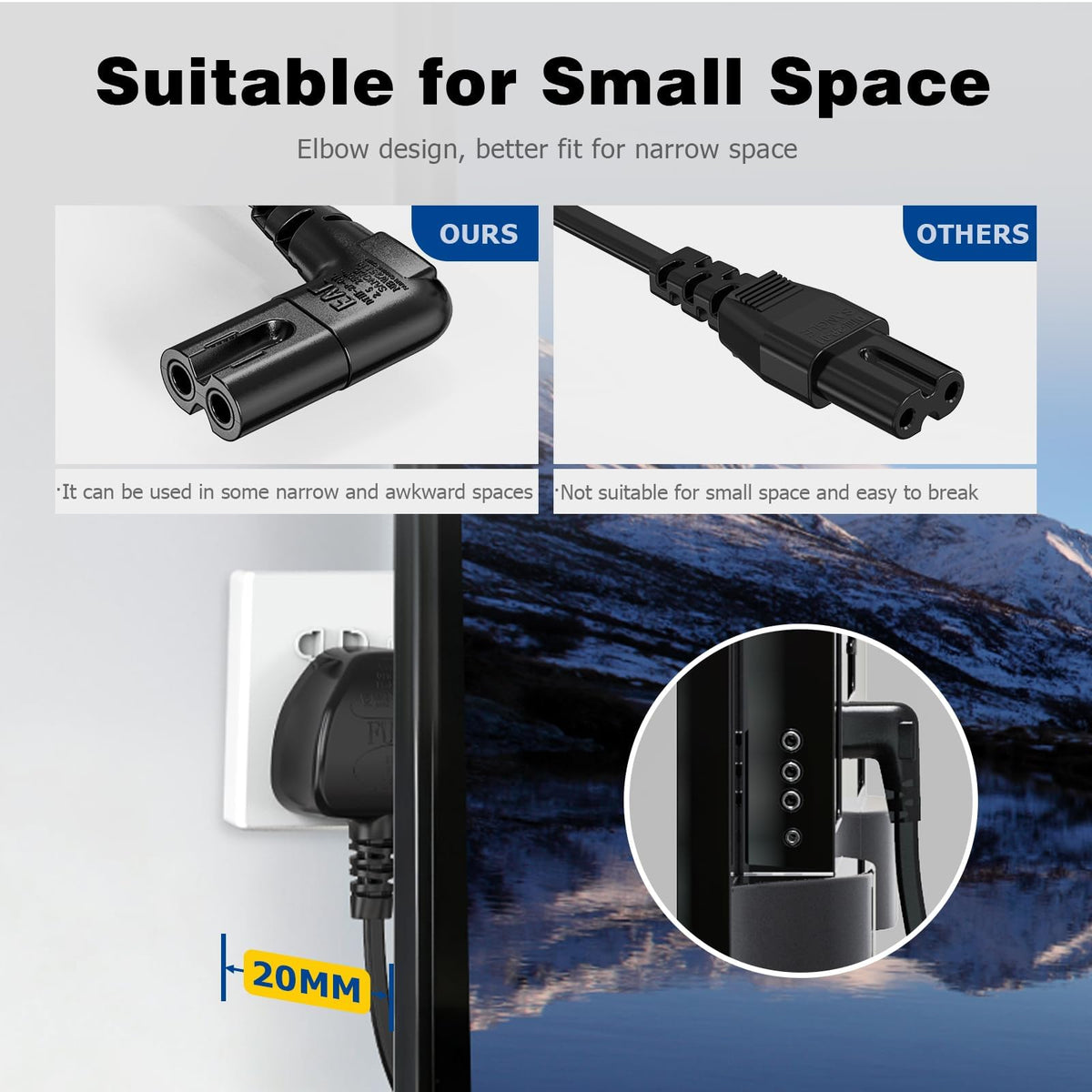 Power Cable Compatible with Samsumg TV 3M, Mellbree Quality Safe Right Angle Suitable for Awkward Space Figure 8 Power Cable Compatible with Samsung, LG, Panasonic TV Black