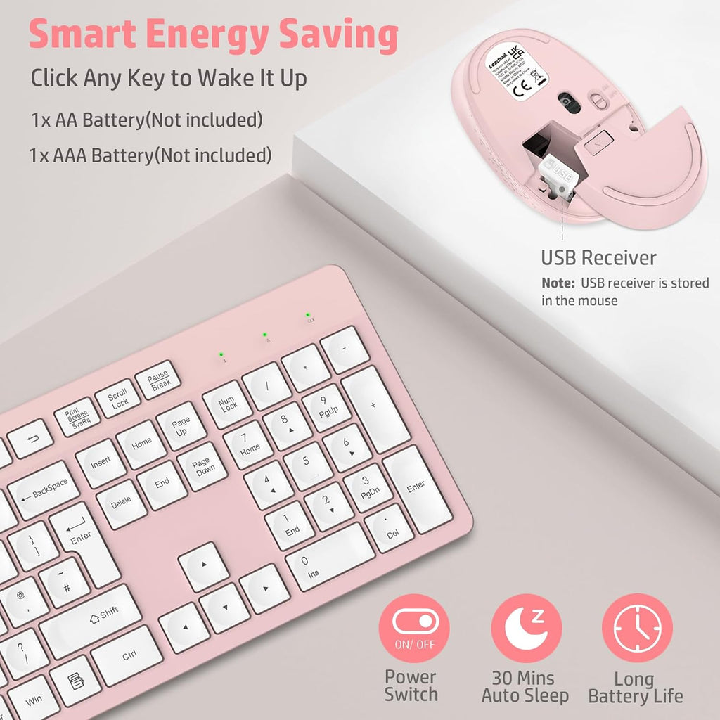 LeadsaiL Wireless Keyboard and Mouse Set, 2.4GHz USB Computer Keyboards and Mouse Combo, Ergonomic Design with 12 Multimedia Shortcuts for HP/Lenovo Laptop and Mac-Pink