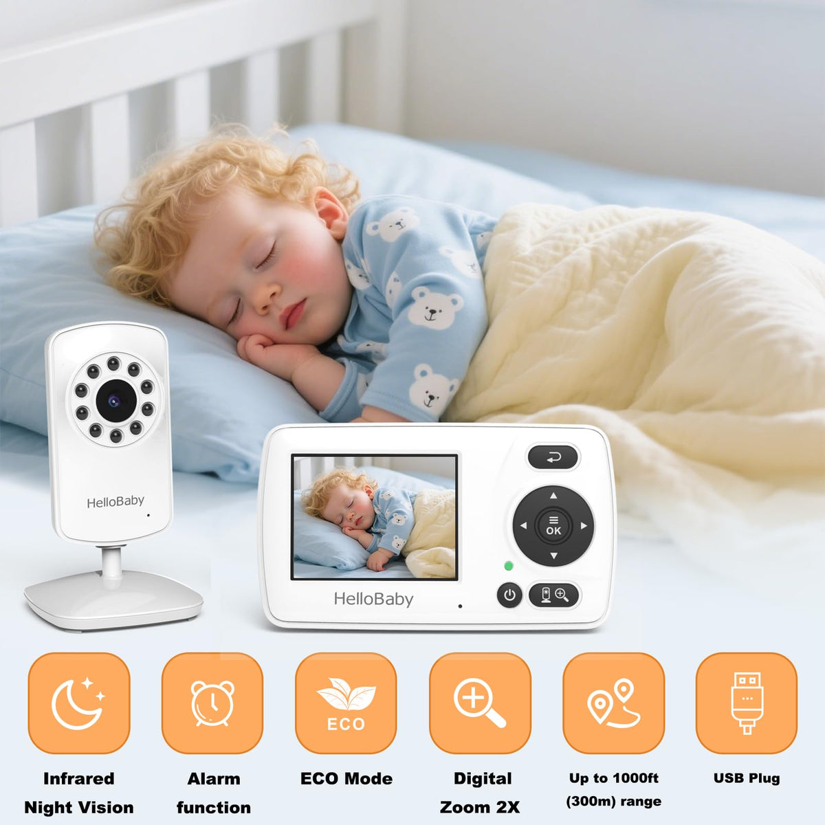 HelloBaby Baby Monitor,29-Hour Battery Life,Upgrade Baby Monitor with Camera and Night Vision,No Wifi,355°/120° Remote Pan Tilt Camera 2x Zoom, ECO Mode,2-way talk,Up to 1000ft,Temperature