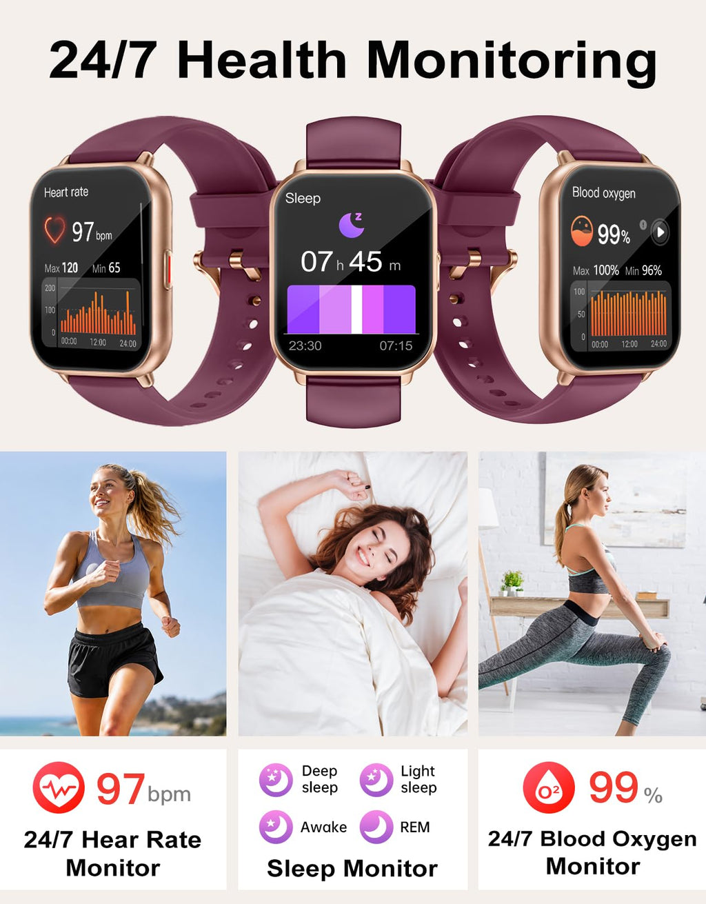 RUIMEN Smart Watch Answer Dial Call,Smart Watches for Women Men 1.85" HD Screen Fitness watch with SpO2 Heart Rate Sleep Monitor Step Counter Waterproof 100+ Sports Mode for Android iOS (2 Bands)