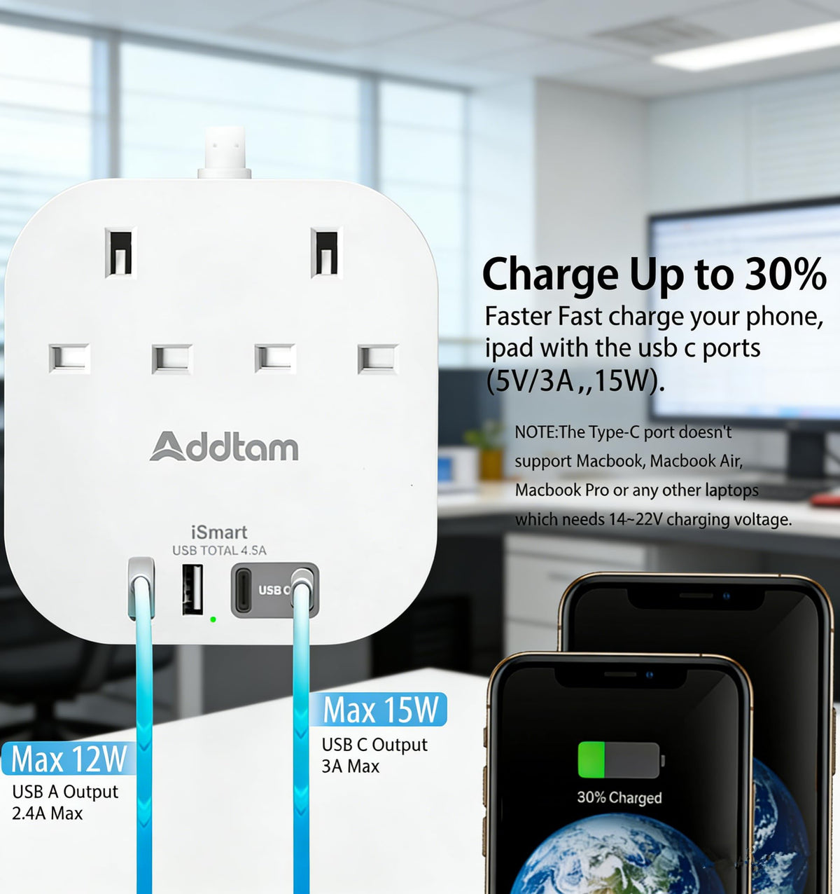 Extension Lead, Power Strips with 2 Way Outlets 4(4.5A, 2 Type C & 2 USB-A)