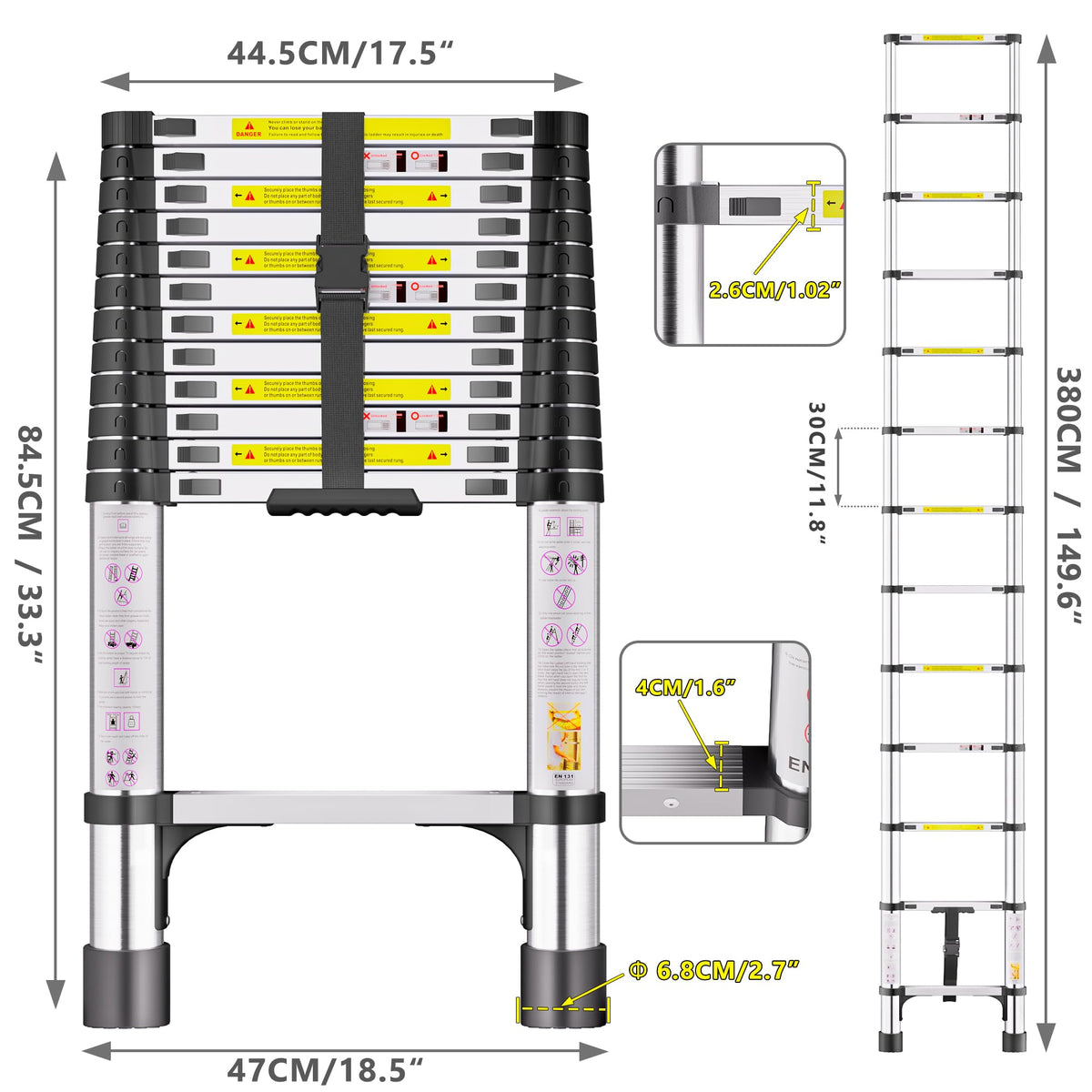 Telescopic Ladder, 3.2M Stainless Steel Loft Ladder, Ladders Extendable