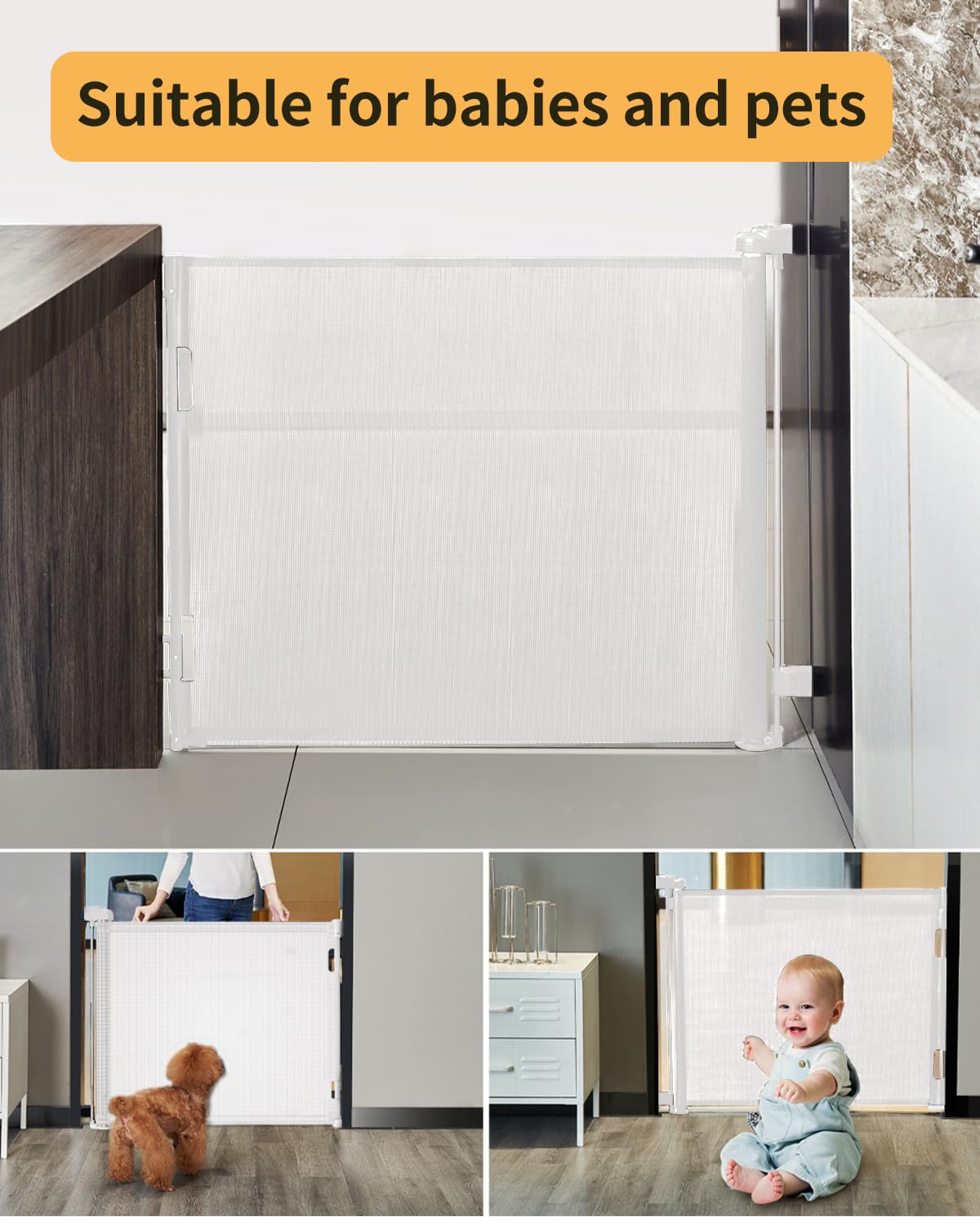 Retractable Mesh Baby & Dog Gate for Stairs, 86cm Tall x 140cm Wide, Black