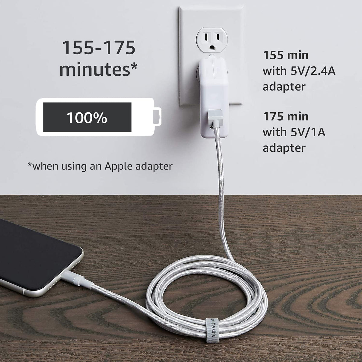 Amazon Basics USB to Lightning Cable, Nylon Braided Charger for iPhone 14 13 12 11 X iPad, 0.9 m, Silver