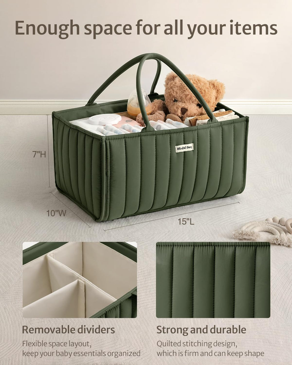 Blissful Diary Nappy Caddy Organiser, Baby Diaper Caddy for Nappy Station, Stylish Storage Basket for Newborn Essentials, Baby Shower Gifts for Girl or Boy, Sage Green