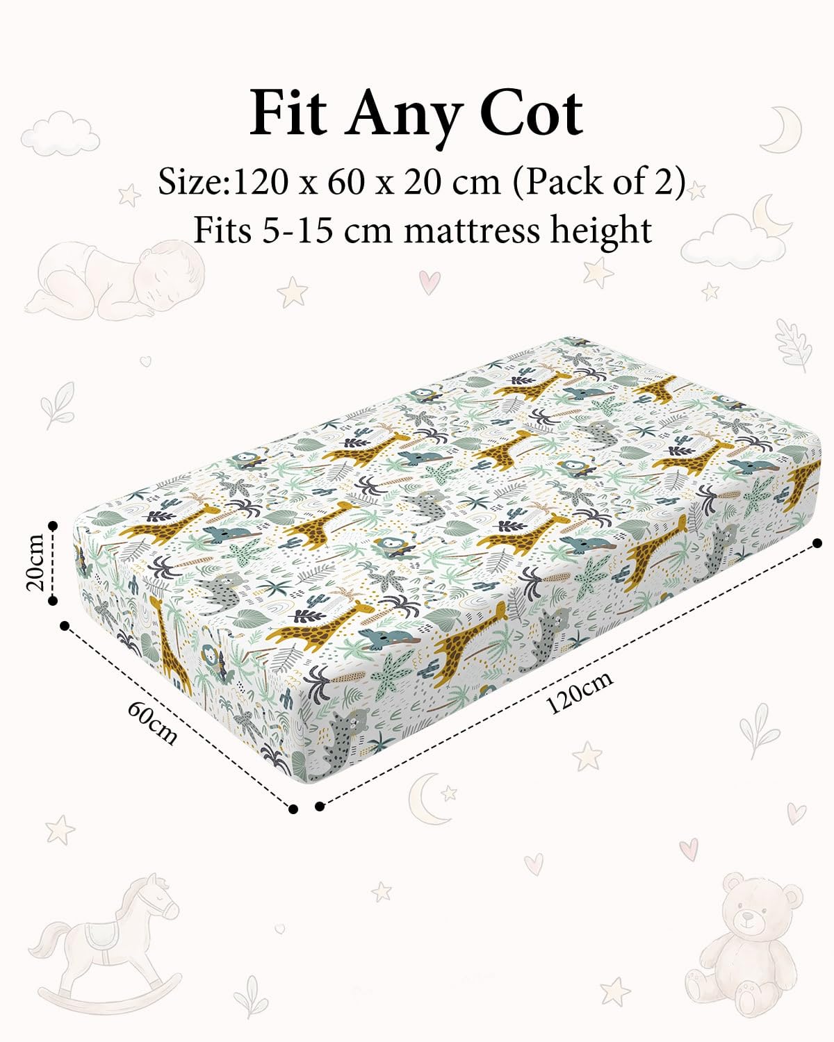 Yoofoss Travel Cot Fitted Sheets 65 x 95 cm, Compatible with Graco, Red Kite, Joie, Deryan Cots, Cozy Breathable Stretchy Microfiber Mattress Sheet, 2 Pack, Green Giraffes