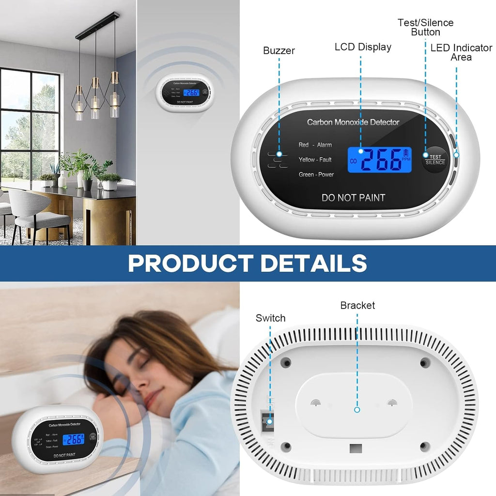 XINDUM Carbon Monoxide Detector 10-Year Battery LCD Display CE Black 1Pack