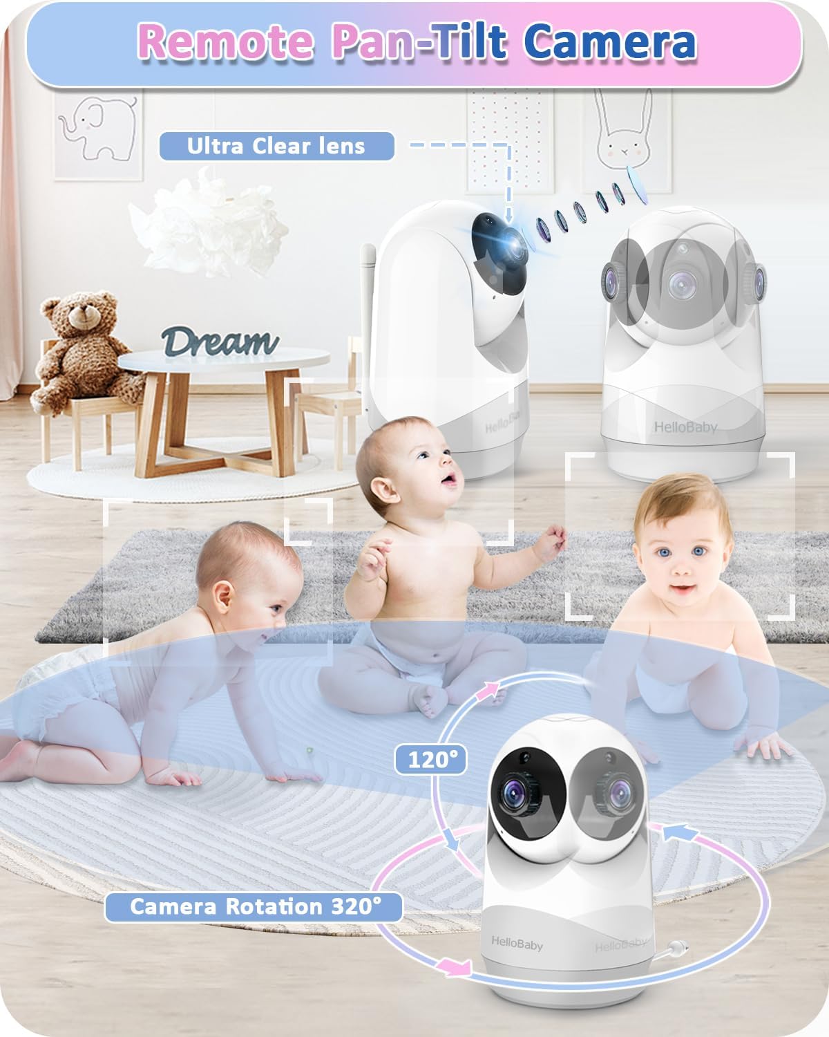 HelloBaby Baby Monitor,29-Hour Battery Life,Upgrade Baby Monitor with Camera and Night Vision,No Wifi,355°/120° Remote Pan Tilt Camera 2x Zoom, ECO Mode,2-way talk,Up to 1000ft,Temperature