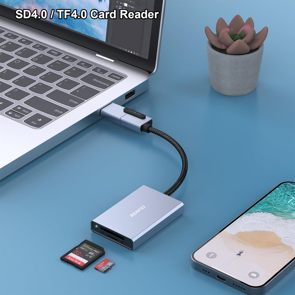 BENFEI SD Card Reader, USB C to SD Micro SD Card Memory Card Adapter Dual Slot Compatible with iPhone 15 Pro/Max, MacBook Pro/Air 2023, iPad Pro, iMac, S23, XPS 17, Surface Book 3 and More